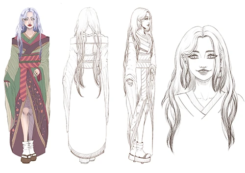 Hand-drawn female character sketch refined in Procreate for character design project