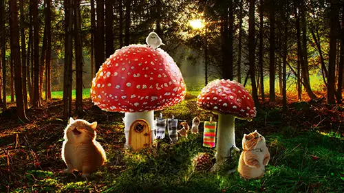 Fantasy matte painting of a magical forest with mushroom houses and tiny creatures