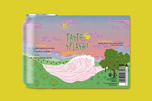 Colorful beer can label with fruity and playful design created in Adobe Illustrator